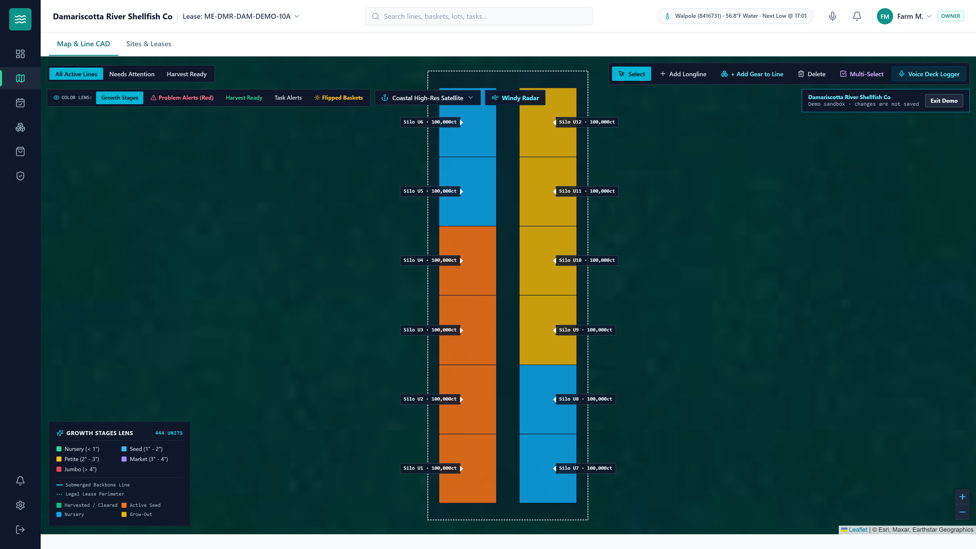 AquaManager Nursery Upweller FLUPSY Grid showing culture silos and seed intake traceability